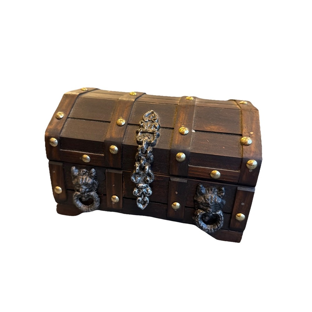 Vintage Rustic Wooden Treasure Pirate Chest Box Jewelry Holder Storage Velvet